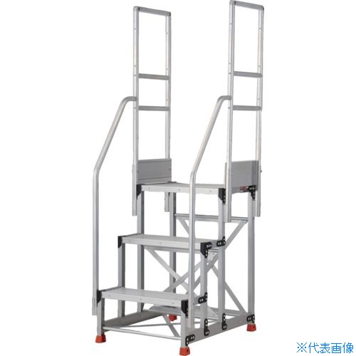 ■TRUSCO アルミ製作業用踏台 3段 高さ0.9m 天板寸法600×400 段高300mm 階段両手すり付き TSF369TR300(5520399)|ファーストFACTORY