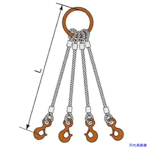 ■コンドーテック JISロック止ワイヤ 4点吊丸リング 12mm 環付きフック 1t 塗装 φ12×5M T01S・T25 05224RTFT125(6123990)[送料別途お見積り][法人限定][外直送]