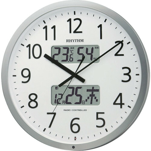 ■RHYTHM 電波 壁掛け時計 最大24回/日プログラムチャイム 温湿度計付 カレンダー付 シルバー φ380x57 4FN403SR19(7879571)｜ファーストFACTORY 16,284円