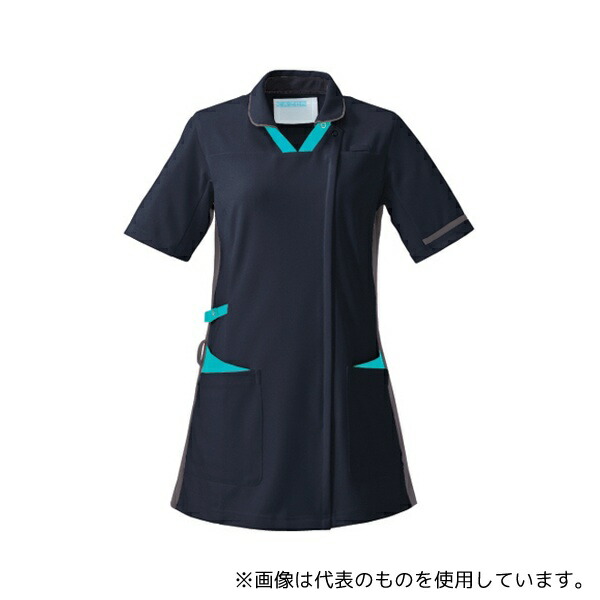 KAZEN 996-49 レディススクラブ半袖衿付 ネイビー×ターコイズ×グレー M