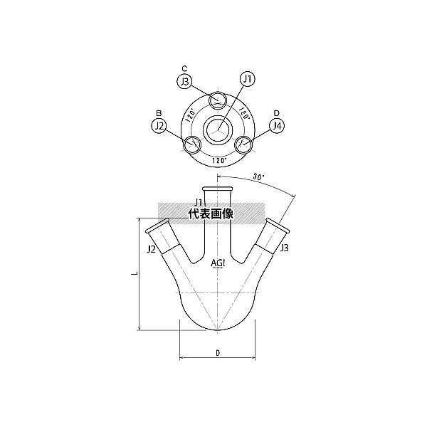 旭製作所 3112-050-4L1L 四ツ口フラスコ 50mL 24/40・15/25｜ファーストFACTORY