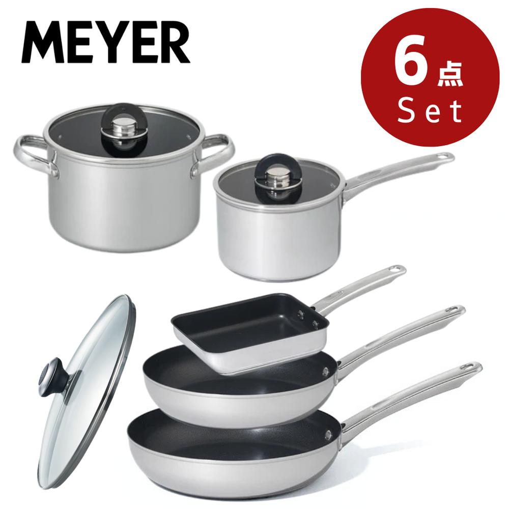 MEYER(マイヤー) スターシェフ 4 フライパン 鍋 エッグパン 6点 セット | マイヤー スターシェフ4 フライパン IH対応 ステンレス ガス火対応 焦げにくい ふっ素樹脂加工 ガス火 PFOAフリー スターシェフ 新モデル シルバー フッ素 焦げ付かない シンプル おしゃれ