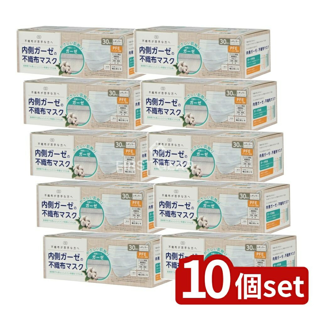 ＼レビュー特典有／【10個セット】 富士 内側ガーゼの不織布マスク [単品内容量/30枚] | ガーゼマスク 不織布マスク 低刺激 耳痛くない 息しやすい 平ゴム 大人用 コットン 使い捨て 立体 内側ガーゼ PM2.5 花粉 シンプル 着け心地 不織布マスク