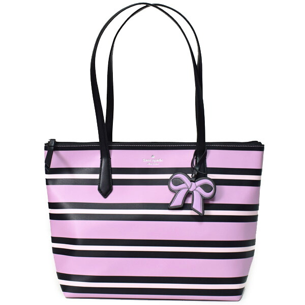 ケイトスペード バッグ katespade スムース PVC レザー キャシー オットマン ストライプ ボーダー リボン バッグチャーム付き ショルダー トートバッグ ピンクマルチ WKR00141【ブランド 新品 送料無料 正規 保証 10倍 OUTLET 即日発送】