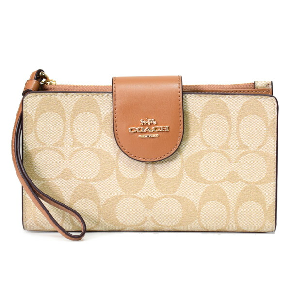 コーチ 長財布 COACH コーティングキャンバス レザー シグネチャー カラーブロック フォン iPhone スマホ テック ウォレット リストレット 財布 ライトカーキ×ライトサドル C2874【新品 送料無料 正規 人気 安心 保証 10倍 OUTLET 即日発送】