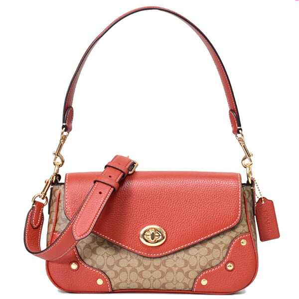 コーチ バッグ COACH コーティングキャンバス レザー シグネチャー ミリー フラップ ターンロック クロスボディ 3WAY クラッチ ショルダー ハンドバッグ カーキ&times;テラコッタ CE639【新品 送料無料 正規 安心 保証 包装 即日発送】｜ブランド専門店 パイクストリート