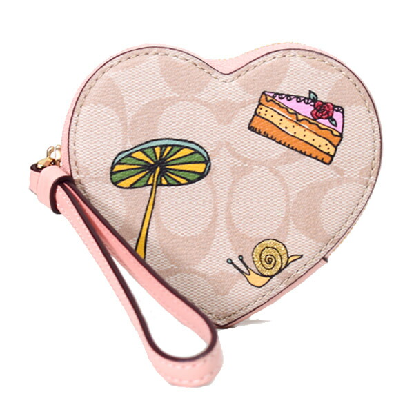 コーチ マルチポーチ COACH コーティングキャンバス レザー シグネチャー ハート型 オブザーブド バイ アス コラボ コインケース リストレット付き ライトカーキ×ライトピンク CU405【ブランド 新品 送料無料 誕生日 プレゼント 正規 人気 レディース 安心 保証 ギフト】