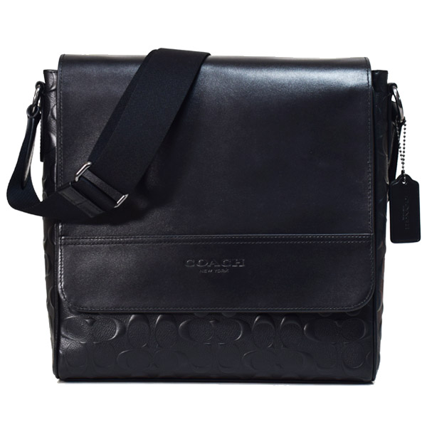 コーチ メンズ バッグ COACH スムースカーフレザー シグネチャー 型押し フラップ ヒューストン マップ クロスボディ 斜め掛け ショルダー バッグ ブラック coach4006【新品 送料無料 正規 保証 包装 即日発送 】