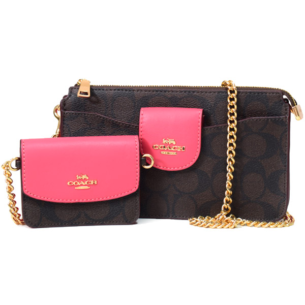 コーチ バッグ COACH コーティングキャンバス スムースレザー シグネチャー ポピー クロスボディ 2way クラッチ ポーチ チェーン ショルダーバッグ カードケース 定期入れ 名刺入れ コインケース ２点セット ブラウン&times;ウォーターメロン coach3328【送料無料 正規 即日発送】｜ブランド専門店 パイクストリート