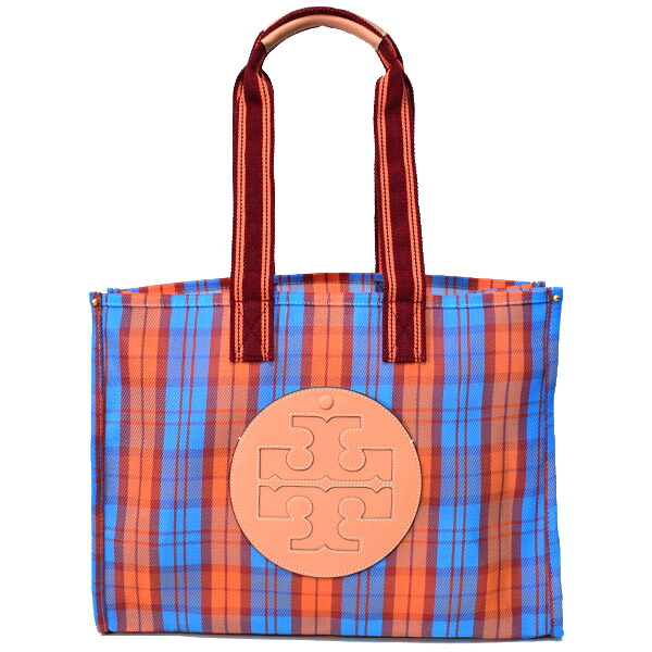 トリーバーチ バッグ TORY BURCH ポリエチレン レザー エラ メッシュ チェック柄 マーケット トートバッグ ブルー×オレンジ×メルカドプラッド 82706【ブランド 新品 送料無料 誕生日 記念日 正規 人気 レディース 安心 保証 包装 即日発送 】