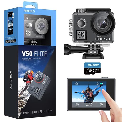 AKASO 動き写真器 4k60fps V50Elite タッチスクリーン式 64GB microSD記憶装置歌留多 無線LAN積み上げる 発声取り締まる EIS手ぶれ手を加える 40M雨合羽 水中写真器 8倍望遠レンズ 170度広角水晶体 HDMI最終生産物 動きカム