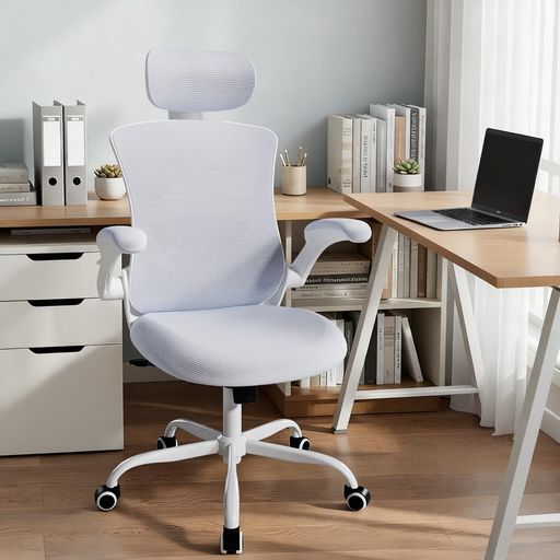 CHAIRKERオフィスチェアエルゴノミクスオフィスチェアハイバックメッシュランバーサポート調節可能アームレスト跳ね上げ式ロッキング機能付きキャスター付き(白)