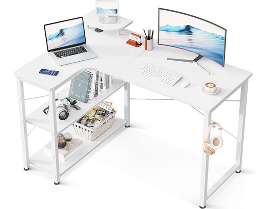 ODK パソコンデスク L字 ゲーミングデスク 幅110 L字デスク pcデスク desk 机 ラック付き 収納 オフィスデスク 在宅勤務 組立簡単 書斎 ホワイト 左棚｜ハピナイス　店