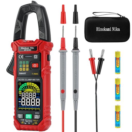 HinokamiNikaクランプメーターDC電流AC電流6000カウントオートレンジ、電流計クランプTRMS、小型サーキットテスター車、AC/DC電圧非接触電圧検知静電容量温度抵抗周波数ダイオードMAX&MIN値
