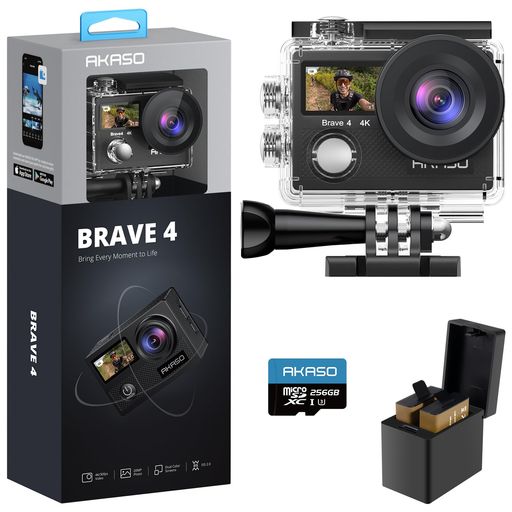 AKASO Brave4 動き写真器 4K30FPS デュアル映写幕 EIS手ブレ手を加える 40M雨合羽 水中写真器 HDMI最終生産物 動きカム 小型 64GB歌留多付き添い人