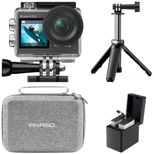 AKASO 動き写真器 Brave 4 Pro 4K 20MP解像力 タッチパネル式 デュアル色合い映写幕 40M雨合羽 水中写真器 手ぶれ手を加える 外の方マイクロホン相応う 無線LAN積み上げる HDMI最終生産物 5倍望遠レンズ 自撮り棒と納める入れもの付き添い人