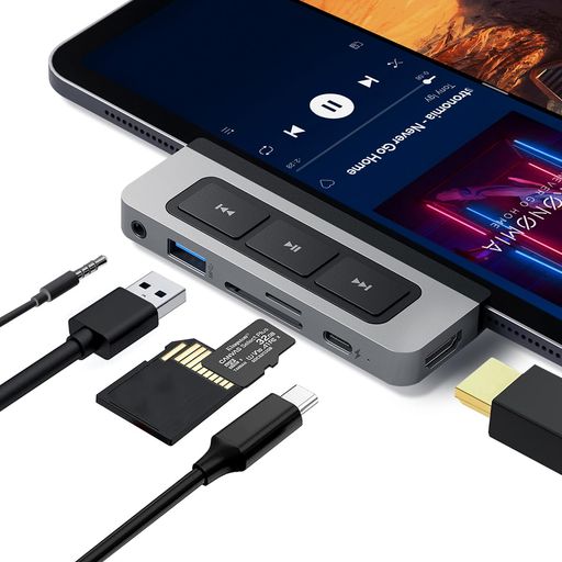HyperDrive iPad Pro usb-c ハブ 6-in-1 Media Hub メディアボタン 拡張 4K HDMI出力 60W PD MicroSD SDカードリーダー イヤホン usb 接続 ショートカットキーボード コントロール アルミ｜ハピナイス　店