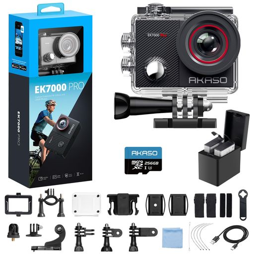 AKASO EK7000 Pro 4K 動き写真器 + 256GB記憶装置歌留多 2000万絵素 タッチパネル式 Type-C外の方マイクロホン相応う 手ブレ手を加える WIFI積み上げる 広角水晶体 40m雨合羽 水中写真器 HDMI最終生産物 運動競技写真器