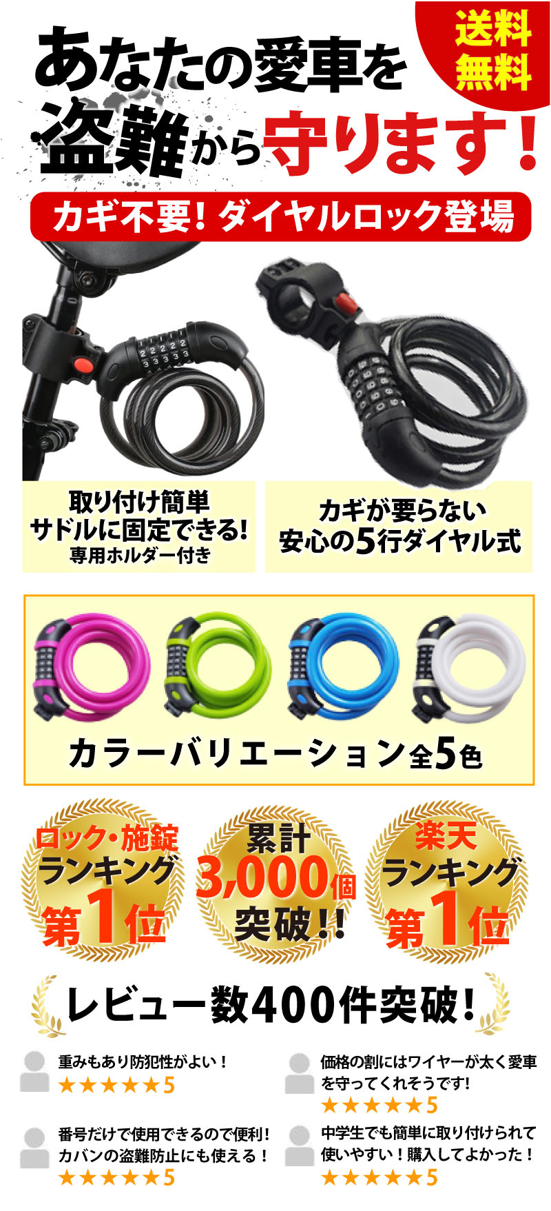 楽天市場 自転車 鍵 ワイヤーロック ロック 盗難防止 5桁 ダイヤル式 ブラケット付 シートポスト用 ダイヤル 盗難装置 グッズ ロードバイク セキュリティ ワイヤー 施錠 安心 防犯グッズ 送料無料 ファーストマーケット