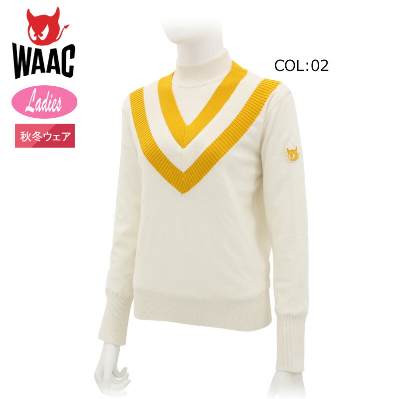 WAAC ワック 072334761 レディース プルオーバー  Ｖのど首うつり変わり タートルネック カシミール混 防風  ゴルフ御召しもの 運動競技御召しもの 秋冬