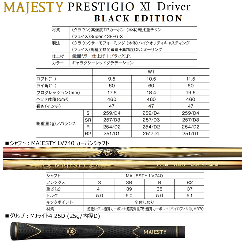 マジェスティ(MAJESTY)プレステジオ11ブラックエディションドライバー右用MAJESTYLV740カーボンシャフトPRESTIGIOXIBLACKEDITION