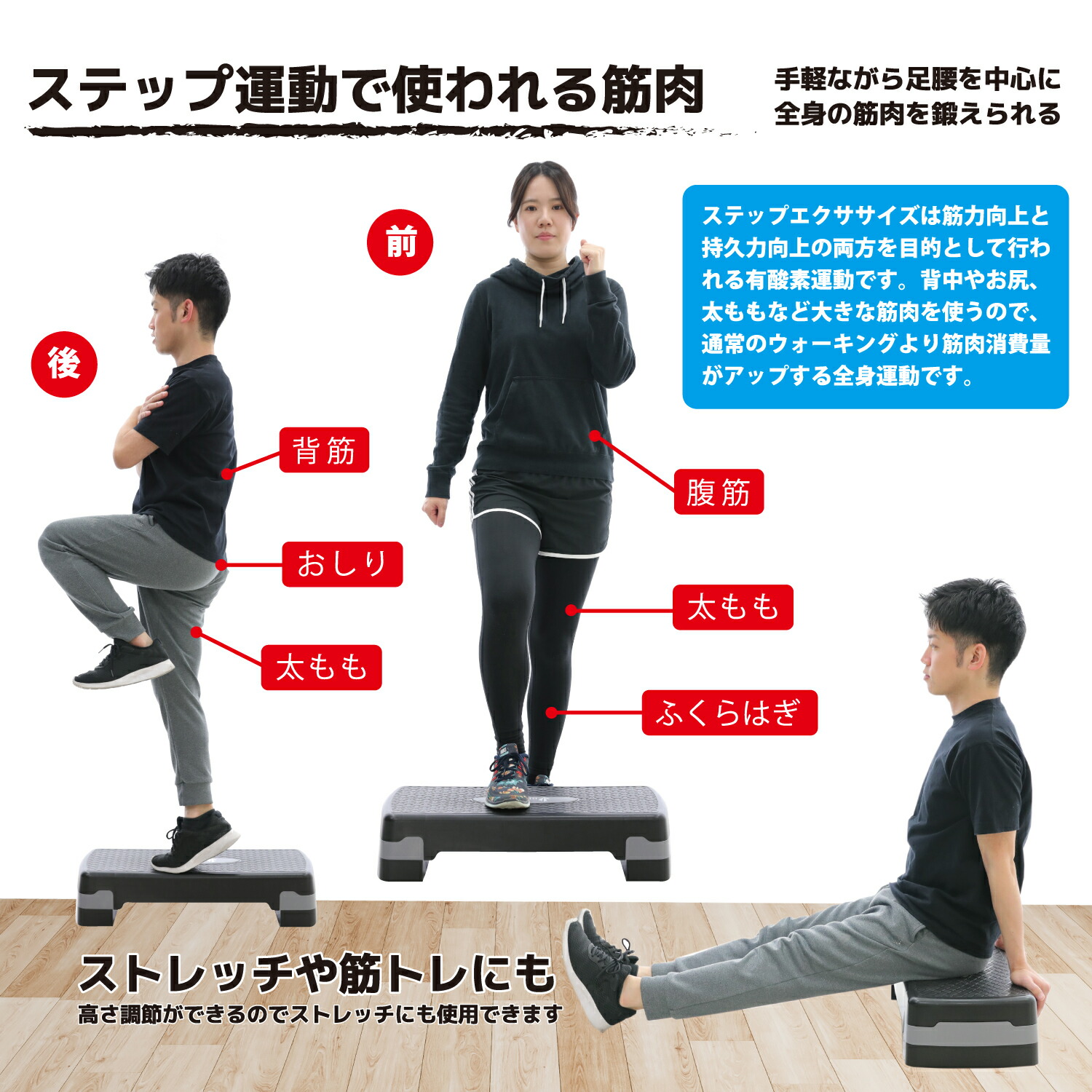 踏み台昇降ステップ台エクササイズステップボード高さ調節可天板底面すべり止め加工トレーニングガイド付【BE-style(ビースタイル)】