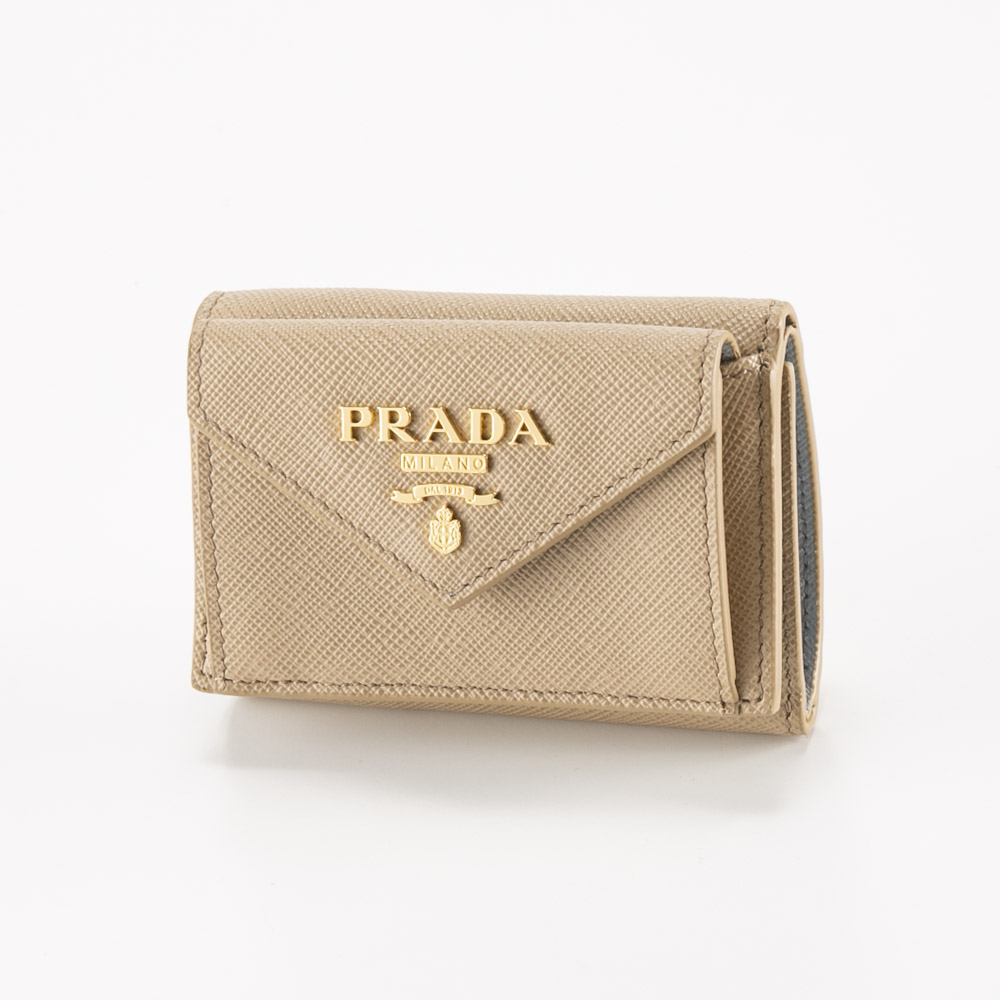 PRADA 折り財布 ゴールドロゴ メタルロゴ マルチカラー ベージュ レッド 希少カラー✨️PRADA 三つ折り財布 レター型 ゴールドロゴ