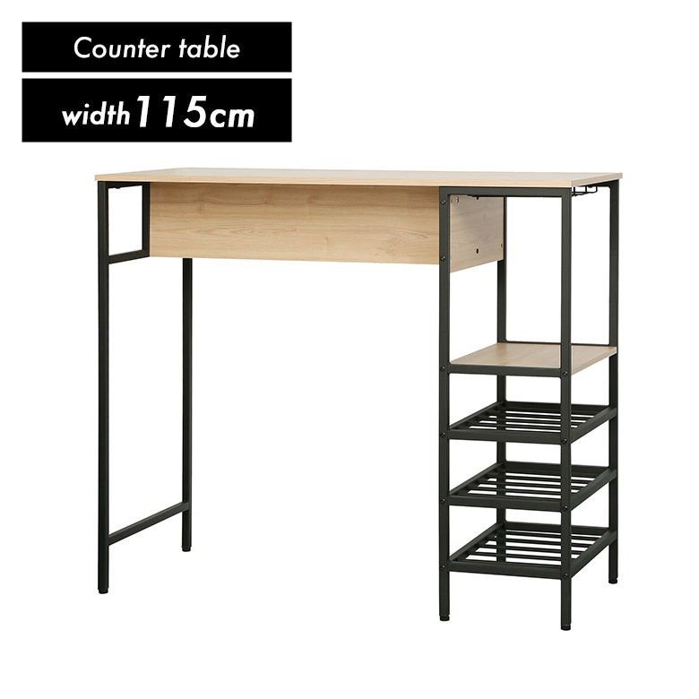 【全商品に使える★10%offクーポン!!】 カウンターテーブル スタンディングデスク 幅115cm 高さ100cm 棚付き 木目調 メラミン スチール脚 ブラック おしゃれ 北欧 ハイテーブル パソコンデスク 作業台 インダストリアル ナチュラル モダン｜Five season