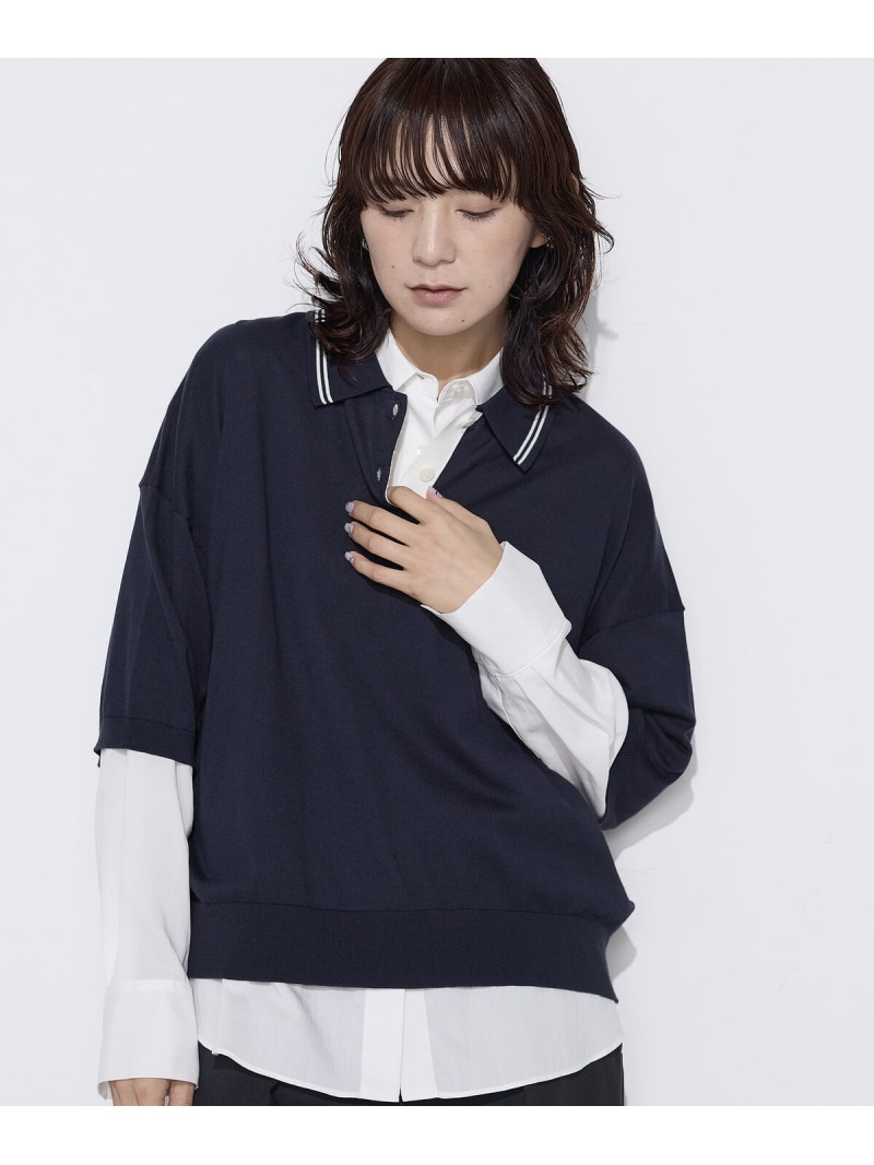 【SALE／10%OFF】[ +サイズ ] 14G天竺編 ポロ襟ニット COMME CA Wardrobe コムサ トップス ニット ホワイト ネイビー グレー【RBA_E】【送料無料】[ Fashion]