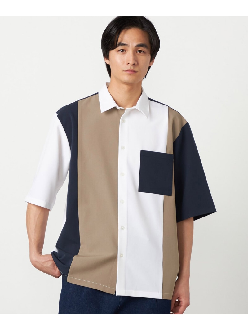 ウールライク ショートポイントカラー ブロッキング 5分袖シャツ COMME CA ISM コムサイズム トップス シャツ・ブラウス ホワイト ブラック【送料無料】[ Fashion]
