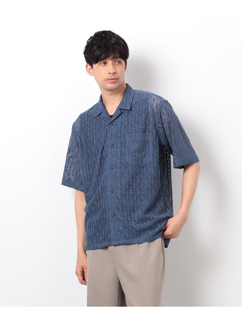 透かし柄レース オープンカラーシャツ COMME CA ISM コムサイズム トップス シャツ・ブラウス ブルー ブラック【送料無料】[ Fashion]