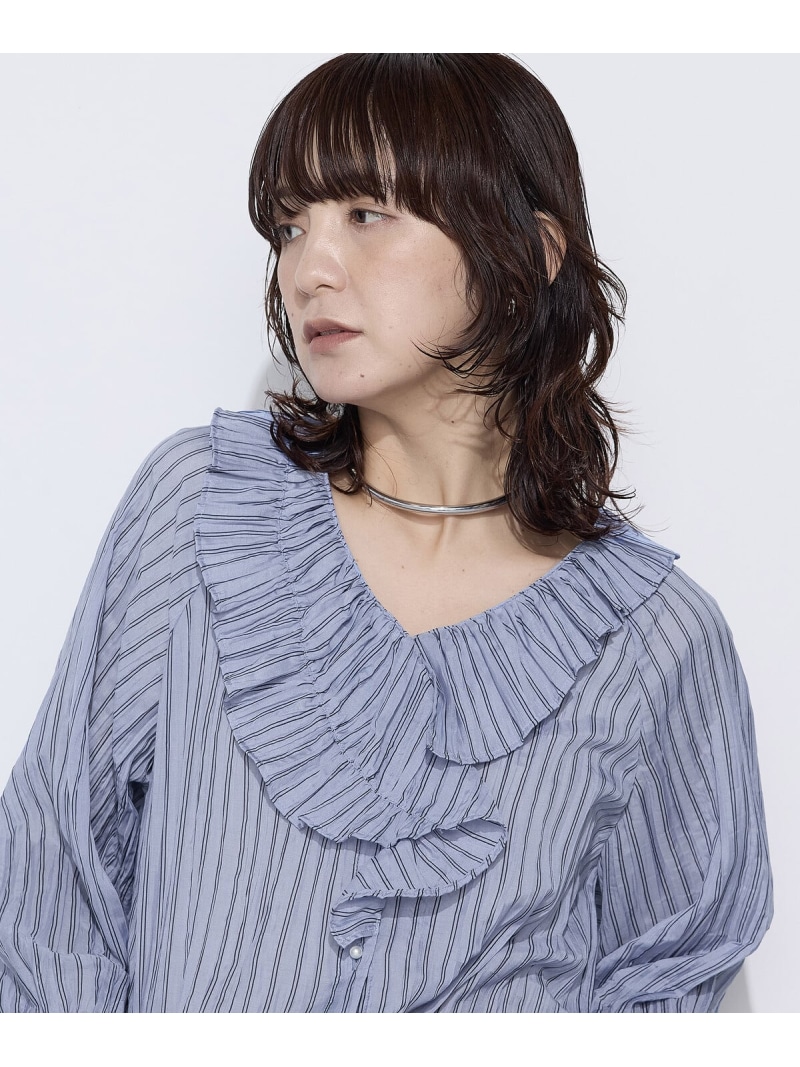 [ TALLサイズ ] シワ加工ストライプ ラッフルシャツブラウス K.T KIYOKO TAKASE TALL コムサ トップス シャツ・ブラウス ホワイト ブルー【送料無料】[ Fashion]