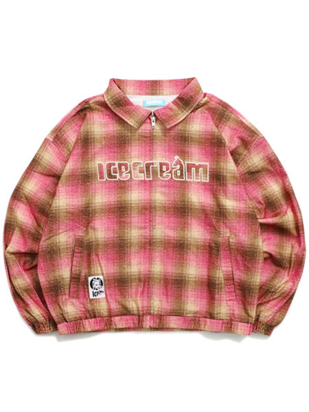 【CLEARANCE】【貨物輸送無料】ICECREAM APPLIQUE LOGO FLANNEL CHECK ZIP UP SHIRT【ICEJP253W001-BP-PINK】