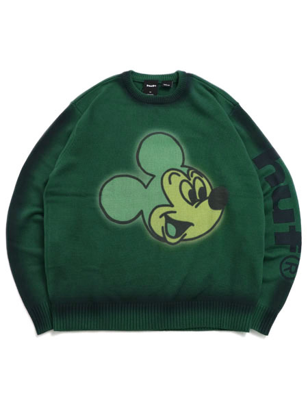 【貨物輸送無料】HUF MICKEY SPRAY CREWNECK SWEATER FOREST GRN【KN00593-FGR-GREEN】