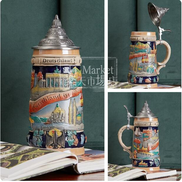ドイツ ビアジョッキ 蓋付き 【職人手作り】 ビアマグ 陶器 浮雕 ハンドメイド レトロ ドイツビールマグ ビールカップ タンブラー 水コップ 蓋付 高級 インテリア オブジェ 居酒屋 バー 父の日 プレゼント ギフト｜FJ Market店