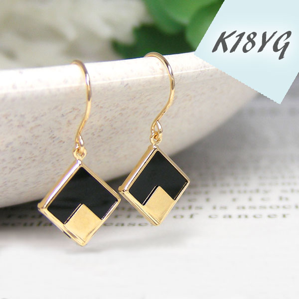 オニキス フック ピアス スクエア K18YG 18金 18k イエロー ゴールド 黒 ブラック 揺れる 【プレゼント ギフト】 ▼