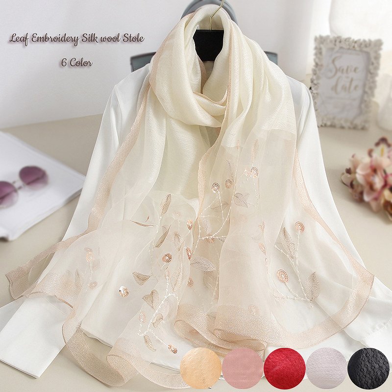 激安超歓迎正規品 Ho309 大判 スパンコール 花柄 リーフ刺繍 オールシーズン シルク ウール ストール ストール リーフ柄刺繍シルクウール大判 ストール 薄手 レディース 大判ストール 春 夏 春夏 夏物 秋 冬 秋冬 ボタニカル 結婚式 パーティー ギフト プレゼント Uv