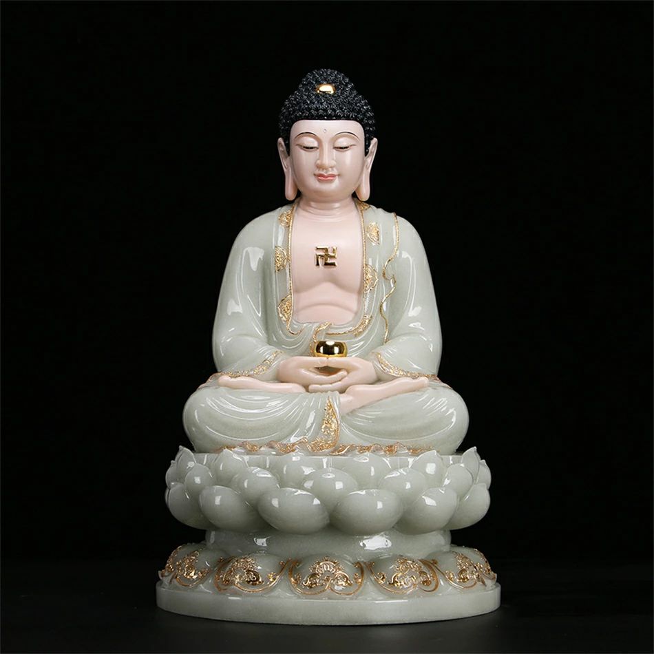 送料無料◆漢白玉石珍品◆釈迦牟尼仏 娑婆三聖 　玉石造　仏像　仏教　古美術品　美術品　精彫細工 漢白玉石彫刻 19インチ