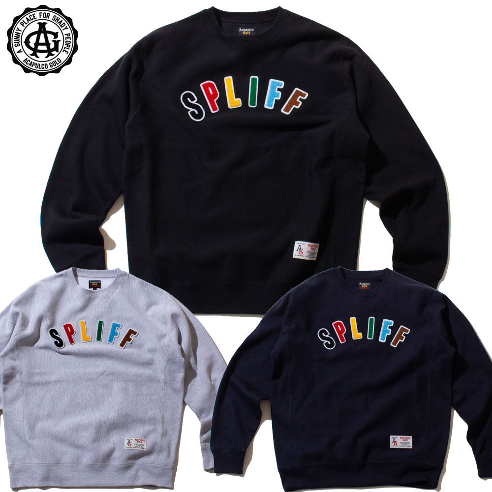 【Acapulco Gold/アカプルコデフアレスゴールド】クルースウェット/SPLIFF CREWNECK SWEATSHIRT AG FW24-05｜労働者の一団のど首 汗水 調教師 表どおり スケーター メンズ レディース 流行り物