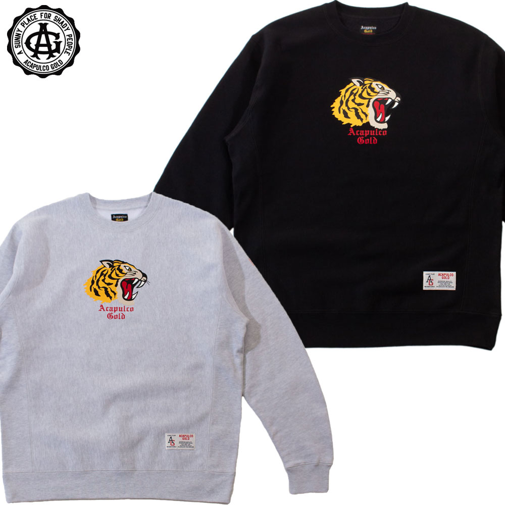 【Acapulco Gold/アカプルコデフアレスゴールド】クルースウェット/TIGER CREWNECK SWEATSHIRT AG FW24-07｜労働者の一団のど首 汗水 調教師 表どおり スケーター メンズ レディース 流行り物