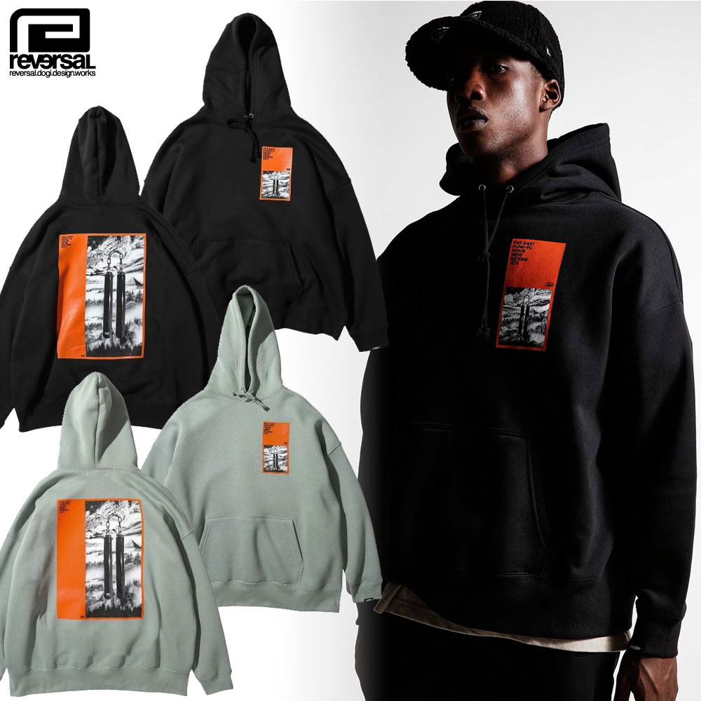 【reversal/リバー類人猿】ティーシャツパーカー ビッグ影ぼうし/FAR EAST NUNCHAKU BIG SILHOUETTE HOODIE rv22aw210｜大層らしい大いさ 表どおり スケーター メンズ流行り物 トップス-パーカー-メンズファッション