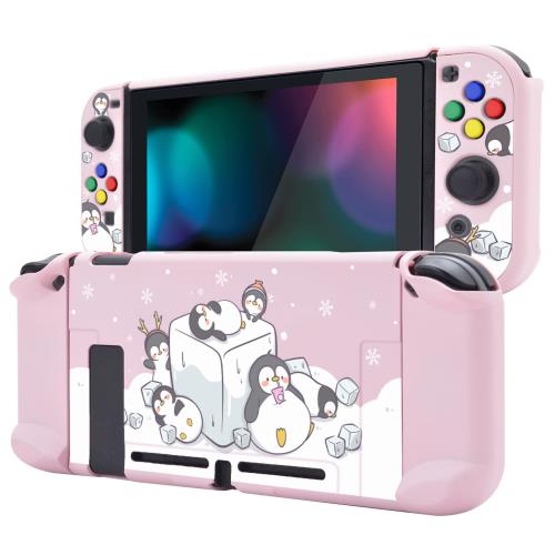 eXtremeRate PlayVital Switchコンソールに対応用バックカバー、NS Joyconハンドヘルドコントローラー分離可能プロテクターハードシェル、Switch用にカスタマイズされたドッキングできる保護ケースアイシーキューブペンギン画像
