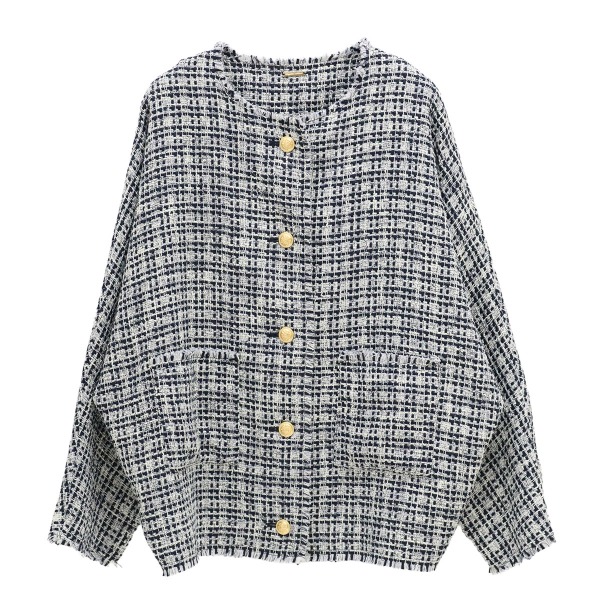 ツイードジャケット 【Dignite collier|ディニテコリエ】 レディース アウター 羽織 クルーネック 丸首 ノーカラー フリンジ ショート丈 軽羽織 ライトアウター ドルマンスリーブ 金釦 ゴールドボタン チェック 総柄 通勤 オフィス トラッド 2026SS 春夏新作