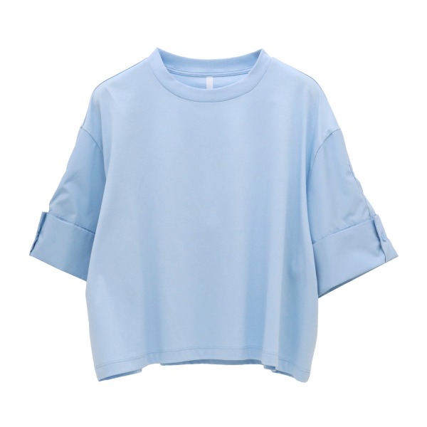 袖布帛切替Tシャツ 【Dignite collier|ディニテコリエ】 レディース トップス コットン100％ 綿 クルーネック 丸首 カットソー インナー ショート丈 5分袖 クロップド丈 ストレートヘム ダブルカフス プルオーバー 日本製 通勤 オフィス 2026SS 春夏新作 手洗い可