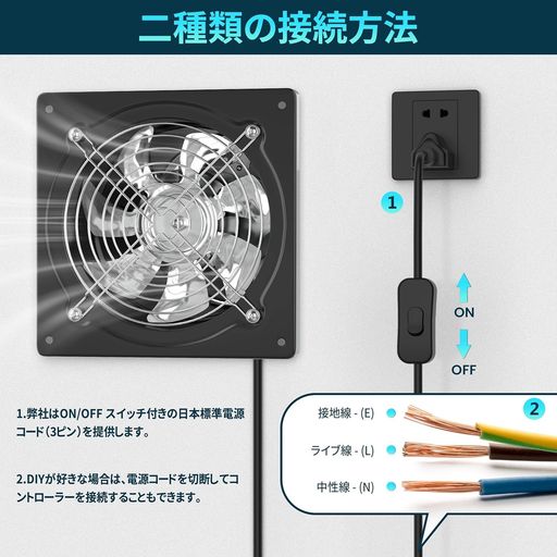 Okryain換気扇150mm金属製換気扇中間取付形ダクトファン業務用大風量強力ON/OFFスイッチ付きダクト用ファン排気専用工場・作業所・倉庫用(150mm-黒)