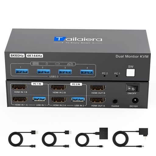 8KHDMIKVMスイッチ2入力2出力8K@60Hz4K@144HzKVM切替器パソコン2台モニター2台切り替え4つのUSB3.0ポートキーボード/マウス/プリンター/他のデバイス/対応パソコン切替機/PC切替機/USB切替器
