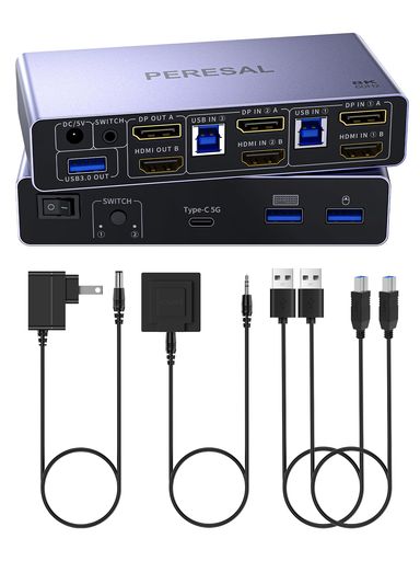 PERESALHDMI2.1+DP1.4KVMスィッチ8k60Hz・4k120Hz、モニター2台・コンピューター2台、マウスとキーボードの共有、USBメモリー、プリンター、USB3.0ポート3つ・USB-C/Type-cポート1つ・5Gbps