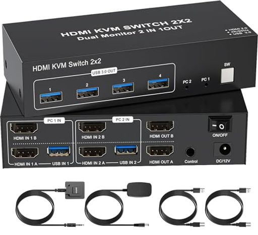 【2パソコンうつり変わり2管する等しく最終生産物】HDMIKVMうつり変わり器2画面等しく4K60サイクルデュアル管するHDMIうつり変わり器4つUSB3.0こしき付き添い人KVMスイッチャーキーボードマウスプリンタースキャナー分かちあうデュアル管する等しく見せびらかす