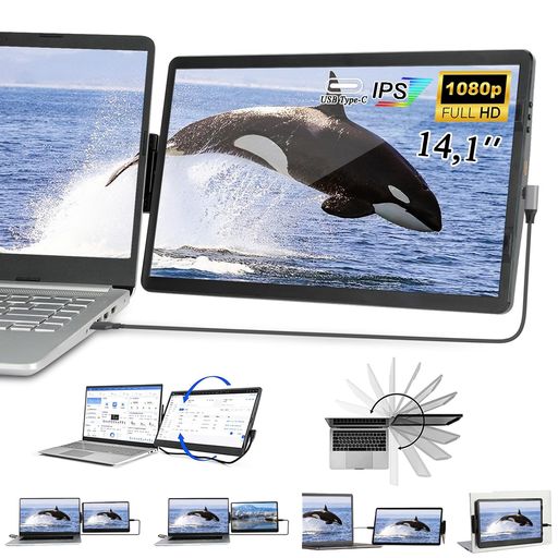 nerhemg ポータブルモニター, 14.1&ldquo;360&deg;回転 サブモニター IPSフルHD ノートPC/スマホ/PS5対応 HDMI Type-C｜fleurette