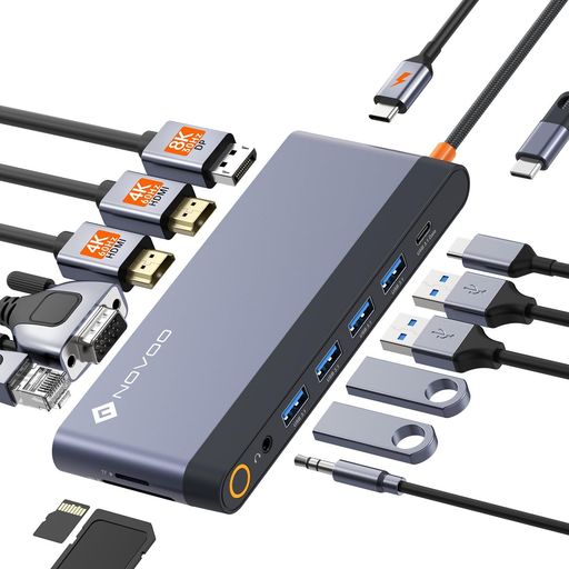 NOVOO 14-in-1 USB-C HDMI ハブ 8K@30Hz 4画面モード デュアル 4K@60Hz 40cm延長ケーブル 収納型 ドッキングステーション【DP+2 HDMI+VGA+4 USB+USB C 5Gbps+PD｜fleurette